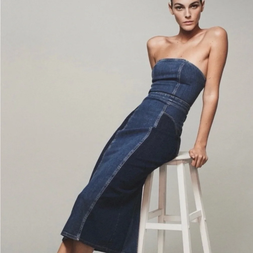 Zara Two-Tone Strapless Denim Midi Dress - Blue - Picture 3 of 3